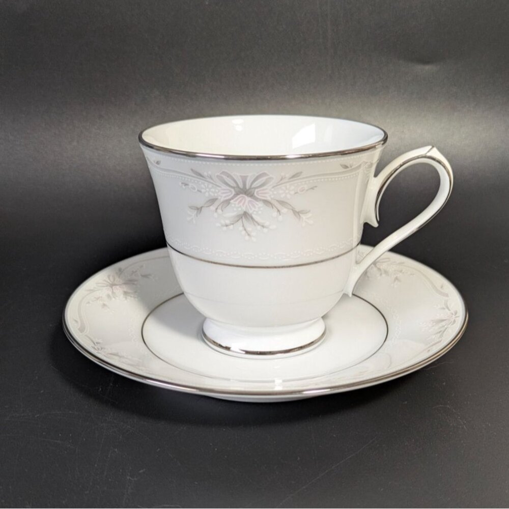 Noritake Silk Ribbon Fine China Tea Cup Saucer Set White Vintage